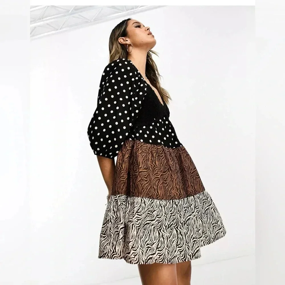 ASOS DESIGN crochet tiered babydoll mini dress in mixed animal print SZ 2O - Picture 7 of 9